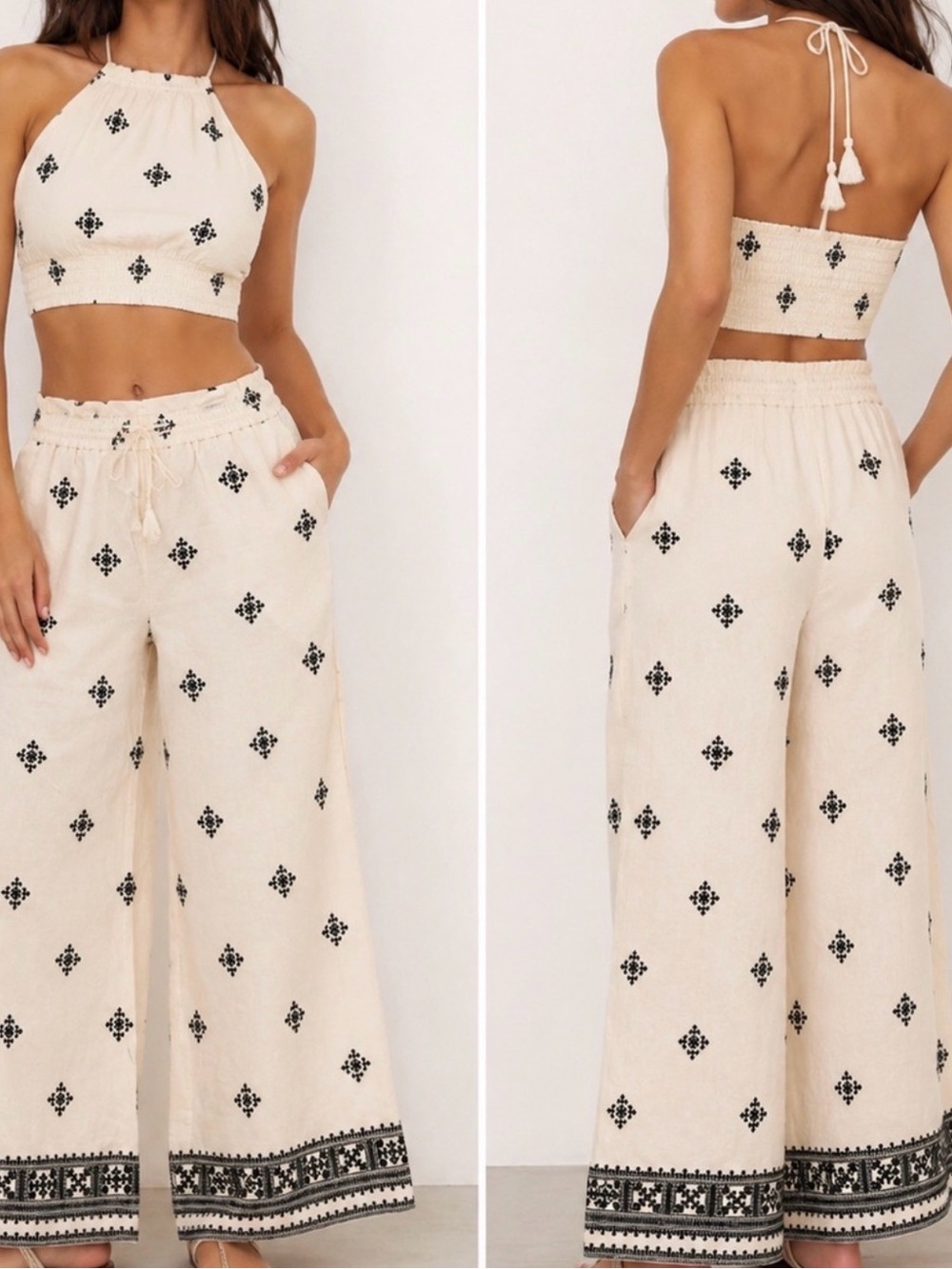 House of Harlow 1960 Cream Wide-Leg Printed Pants & Halter Crop Set - Size S